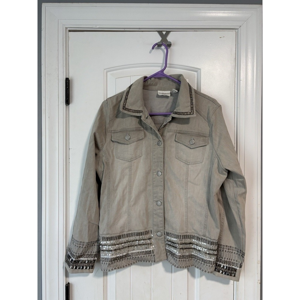 Chicos Platinum Denim Jacket Womens Size 2 Gray Pockets Beaded Sequin Button